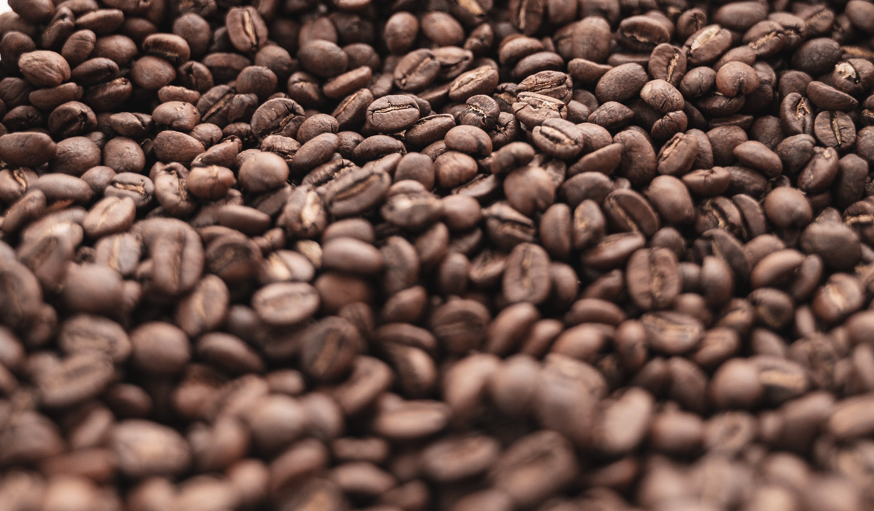 Close-up of a large pile of roasted coffee beans, showcasing their rich brown color and textured surface. The beans fill the entire frame, creating a pattern of overlapping and varied orientations.